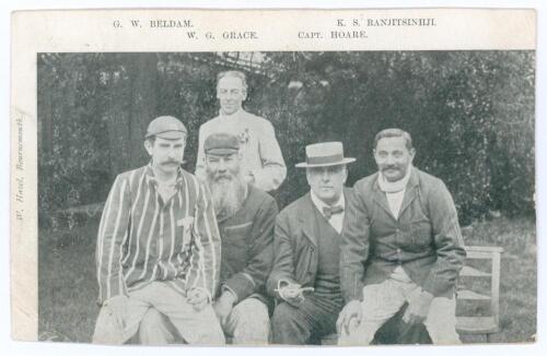 Kumar Shri Ranjitsinhji. Cambridge University, Sussex, London County & England 1893-1920. Mono printed postcard of a group featuring Ranjitsinghji, W.G. Grace, G.W. Beldam and &lsquo;Capt. Hoare&rsquo;. Beldam and Ranji are sitting on the knee of Grace and Hoare resp