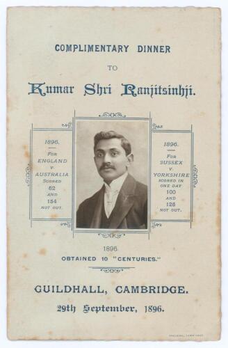 Kumar Shri Ranjitsinhji. Cambridge University, Sussex, London County & England 1893-1920. Early original four page menu with pictorial wrappers for the &lsquo;Complimentary Dinner to Kumar Shri Ranjitsinhji&rsquo; held at the Guildhall, Cambridge, 29th September 1896