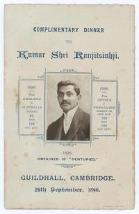 Kumar Shri Ranjitsinhji. Cambridge University, Sussex, London County & England 1893-1920. Early original four page menu with pictorial wrappers for the &lsquo;Complimentary Dinner to Kumar Shri Ranjitsinhji&rsquo; held at the Guildhall, Cambridge, 29th September 1896