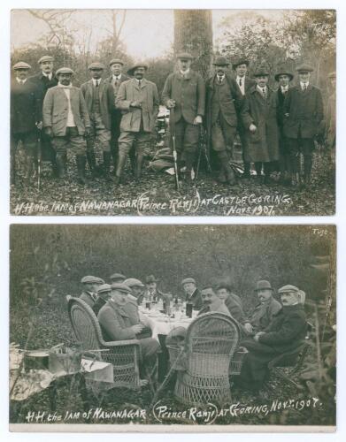 Kumar Shri Ranjitsinhji. Cambridge University, Sussex, London County & England 1893-1920. Two early original real photograph sepia postcards depicting a shooting party on the Castle Goring Estate of A.W.F. Somerset who is featured with Ranji, A.C. Maclare