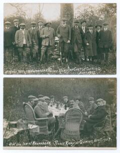 Kumar Shri Ranjitsinhji. Cambridge University, Sussex, London County & England 1893-1920. Two early original real photograph sepia postcards depicting a shooting party on the Castle Goring Estate of A.W.F. Somerset who is featured with Ranji, A.C. Maclare