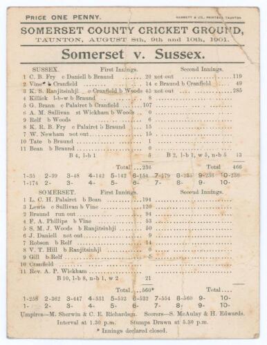 &lsquo;Somerset v. Sussex&rsquo; 1901. Ranji&rsquo;s highest score. Original early and rare double sided scorecard for the match played at the County Ground, Taunton, 8th- 10th August 1901. The scorecard with complete printed scores in a high scoring match in which Sussex 