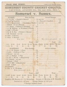 &lsquo;Somerset v. Sussex&rsquo; 1901. Ranji&rsquo;s highest score. Original early and rare double sided scorecard for the match played at the County Ground, Taunton, 8th- 10th August 1901. The scorecard with complete printed scores in a high scoring match in which Sussex 