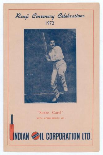 Kumar Shri Ranjitsinhji. Cambridge University, Sussex, London County & England 1893-1920. &lsquo;Ranji Centenary Celebrations 1972&rsquo;. Official folding scorecard produced by the Indian Oil Corporation for Board President&rsquo;s XI v Ranjit XI played at Jamnagar 10th- 