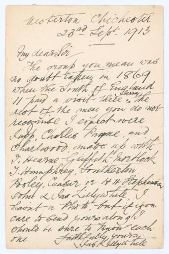 James Lillywhite jun. Sussex & England 1862-1883. Single page handwritten letter with good cricket content in ink from Lillywhite to an unknown correspondent, dated 23rd September 1913. Writing from his home in Westerton, Chichester, Lillywhite is replyin