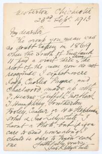 James Lillywhite jun. Sussex & England 1862-1883. Single page handwritten letter with good cricket content in ink from Lillywhite to an unknown correspondent, dated 23rd September 1913. Writing from his home in Westerton, Chichester, Lillywhite is replyin