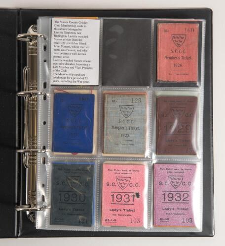 Sussex C.C.C. membership cards 1926-2003. Black binder containing a near complete run of official members&rsquo; tickets/ fixture cards and additional admission tickets and passes for the period, all issued to Laetitia Stapleton (nee Repington). Years complete 