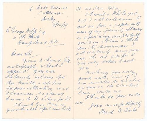 Frederick William &lsquo;Fred&rsquo; Tate. Sussex & England 1887-1905. Two page handwritten folding letter in ink from Tate to the collector and brother-in-law of Sir Julien Cahn, E. George Wolfe. Dated 8th December 1937 and writing from Derby, Tate is please to be a