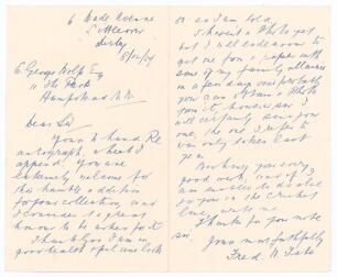 Frederick William &lsquo;Fred&rsquo; Tate. Sussex & England 1887-1905. Two page handwritten folding letter in ink from Tate to the collector and brother-in-law of Sir Julien Cahn, E. George Wolfe. Dated 8th December 1937 and writing from Derby, Tate is please to be a