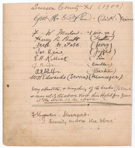 &lsquo;Sussex County XI (1900)&rsquo;. Ruled page extract from the visitors&rsquo; book of The Assize Courts Hotel, Manchester, very nicely signed in black ink by the eight professional players who took part in the drawn match v Lancashire at Old Trafford 5th- 7th July 190