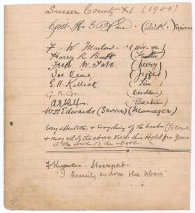 &lsquo;Sussex County XI (1900)&rsquo;. Ruled page extract from the visitors&rsquo; book of The Assize Courts Hotel, Manchester, very nicely signed in black ink by the eight professional players who took part in the drawn match v Lancashire at Old Trafford 5th- 7th July 190