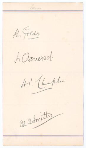 Sussex C.C.C. 1909. Page beautifully signed in black ink by four Sussex players. Signatures are K.O. Goldie (Sussex & Europeans 1900-1921), A.P.F.C. Somerset (Sussex 1911-1919), A.P. Chaplin (Sussex & Europeans 1904-1914), and C.L.A. Smith (Sussex 1898-19
