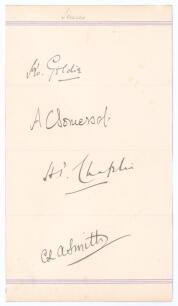 Sussex C.C.C. 1909. Page beautifully signed in black ink by four Sussex players. Signatures are K.O. Goldie (Sussex & Europeans 1900-1921), A.P.F.C. Somerset (Sussex 1911-1919), A.P. Chaplin (Sussex & Europeans 1904-1914), and C.L.A. Smith (Sussex 1898-19