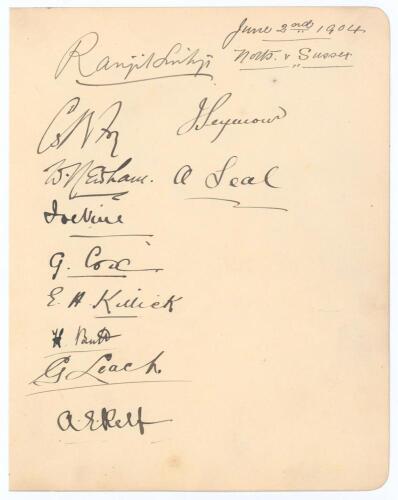 Sussex C.C.C. 1904. Large album page beautifully signed in black ink by the eleven members of the Sussex team who played Nottinghamshire at Trent Bridge 2nd- 4th June 1904. The signatures, collected by the Nottinghamshire groundsman, are Ranjitsinhji, Fry