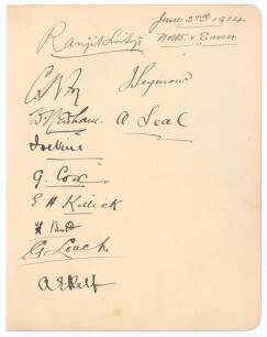 Sussex C.C.C. 1904. Large album page beautifully signed in black ink by the eleven members of the Sussex team who played Nottinghamshire at Trent Bridge 2nd- 4th June 1904. The signatures, collected by the Nottinghamshire groundsman, are Ranjitsinhji, Fry