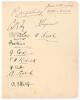 Sussex C.C.C. 1904. Large album page beautifully signed in black ink by the eleven members of the Sussex team who played Nottinghamshire at Trent Bridge 2nd- 4th June 1904. The signatures, collected by the Nottinghamshire groundsman, are Ranjitsinhji, Fry