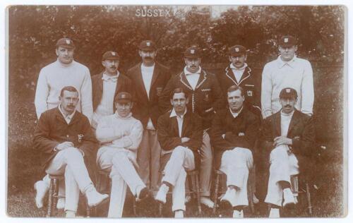 &lsquo;Sussex&rsquo; 1910. Early original sepia real photograph postcard of the Sussex team seated and standing in rows wearing cricket attire, caps and blazers. Players are Chaplin (Captain), Heygate, Butt, Cartwright, R.R. Relf, Vincent, Killick, A.E. Relf, Vine, C