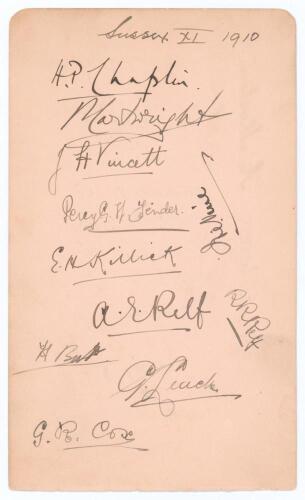 Sussex C.C.C. 1910. Album page very nicely signed in black ink by the eleven members of the Sussex team who played Nottinghamshire at Trent Bridge 21st- 23rd July 1910. Signatures are Chaplin (Captain), Cartwright, Vincett, Fender, Vine, Killick, A.E. Rel