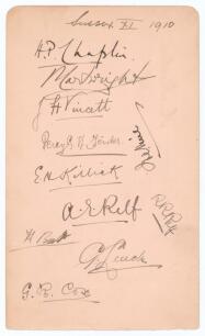 Sussex C.C.C. 1910. Album page very nicely signed in black ink by the eleven members of the Sussex team who played Nottinghamshire at Trent Bridge 21st- 23rd July 1910. Signatures are Chaplin (Captain), Cartwright, Vincett, Fender, Vine, Killick, A.E. Rel