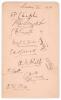 Sussex C.C.C. 1910. Album page very nicely signed in black ink by the eleven members of the Sussex team who played Nottinghamshire at Trent Bridge 21st- 23rd July 1910. Signatures are Chaplin (Captain), Cartwright, Vincett, Fender, Vine, Killick, A.E. Rel