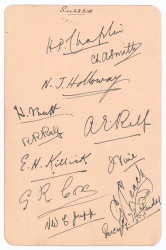 Sussex C.C.C. 1911. Album page very nicely signed in black ink by the twelve members of the Sussex team who played Yorkshire at Headingley 24th- 26th July 1911. Signatures are Chaplin (Captain), Smith, Holloway, Butt, R.R. Relf, A.E. Relf, Killick, Vine, 