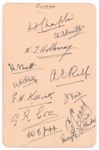 Sussex C.C.C. 1911. Album page very nicely signed in black ink by the twelve members of the Sussex team who played Yorkshire at Headingley 24th- 26th July 1911. Signatures are Chaplin (Captain), Smith, Holloway, Butt, R.R. Relf, A.E. Relf, Killick, Vine, 