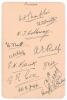 Sussex C.C.C. 1911. Album page very nicely signed in black ink by the twelve members of the Sussex team who played Yorkshire at Headingley 24th- 26th July 1911. Signatures are Chaplin (Captain), Smith, Holloway, Butt, R.R. Relf, A.E. Relf, Killick, Vine, 