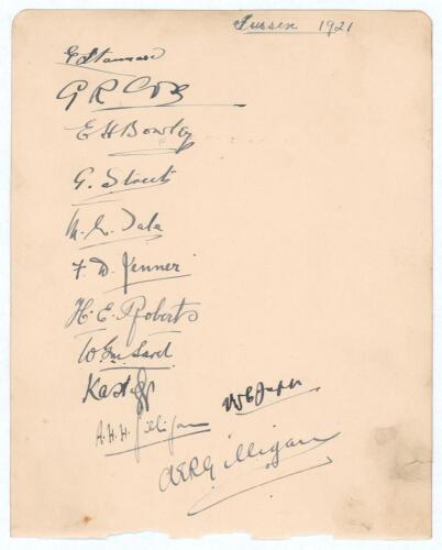 Sussex C.C.C. 1921. Large album page very nicely signed in black ink by the twelve members of the Sussex team who played Leicestershire at Aylestone Road, Leicester 21st- 24th May 1921. Signatures are Stannard, Cox, Bowley, Street, Tate, Jenner, Roberts, 