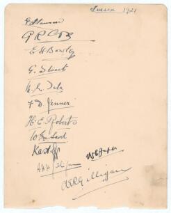 Sussex C.C.C. 1921. Large album page very nicely signed in black ink by the twelve members of the Sussex team who played Leicestershire at Aylestone Road, Leicester 21st- 24th May 1921. Signatures are Stannard, Cox, Bowley, Street, Tate, Jenner, Roberts, 