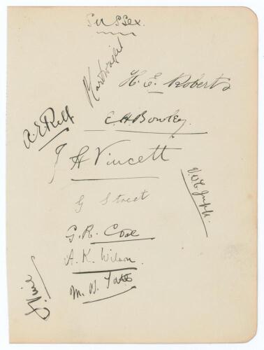 Sussex C.C.C. 1914. Album page very nicely signed in black ink by the eleven members of the Sussex team who played Gloucestershire at Cheltenham 13th- 15th August 1914. Signatures are Cartwright, Roberts, A.E. Relf, Bowley, Vincent, Jupp, Street, Cox, Wil