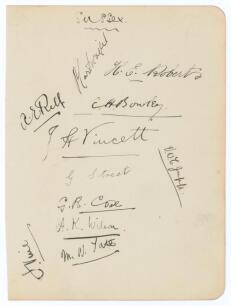 Sussex C.C.C. 1914. Album page very nicely signed in black ink by the eleven members of the Sussex team who played Gloucestershire at Cheltenham 13th- 15th August 1914. Signatures are Cartwright, Roberts, A.E. Relf, Bowley, Vincent, Jupp, Street, Cox, Wil