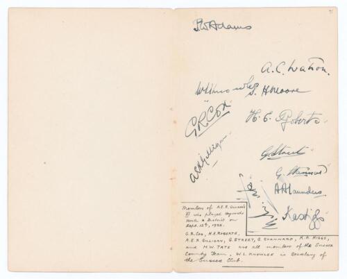 Sussex 1922. Album page very nicely signed in ink by twelve players with neat annotation to lower corner, &lsquo;Members of A.E.R. Gilligan&rsquo;s XI who played Haywards Heath & District on Sept. 12th 1922. G.R. Cox, H.E. Roberts, A.E.R. Gilligan, G. Street, G. Stan