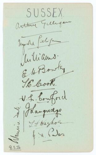 Sussex C.C.C. 1926. Album page very nicely signed in black ink by ten members of the Sussex team for the drawn match v Nottinghamshire at Trent Bridge 8th- 11th May 1926, the page dated 8th May 1926. Signatures are A.E.R. Gilligan (Captain), A.H.H. Gillig