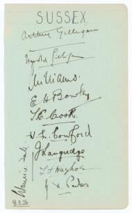 Sussex C.C.C. 1926. Album page very nicely signed in black ink by ten members of the Sussex team for the drawn match v Nottinghamshire at Trent Bridge 8th- 11th May 1926, the page dated 8th May 1926. Signatures are A.E.R. Gilligan (Captain), A.H.H. Gillig