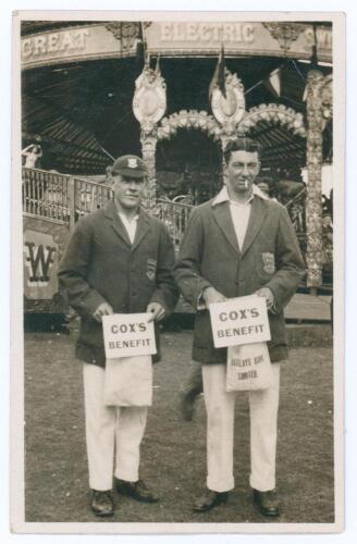 Sussex C.C.C. &lsquo;Cox&rsquo;s Benefit&rsquo; 1920. Rarer sepia real photograph postcard of Sussex players George Street and Henry Roberts standing full length wearing cricket attire and blazers, Street with Sussex cap. The photograph taken at the Hove cricket ground, th
