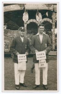Sussex C.C.C. &lsquo;Cox&rsquo;s Benefit&rsquo; 1920. Rarer sepia real photograph postcard of Sussex players George Street and Henry Roberts standing full length wearing cricket attire and blazers, Street with Sussex cap. The photograph taken at the Hove cricket ground, th