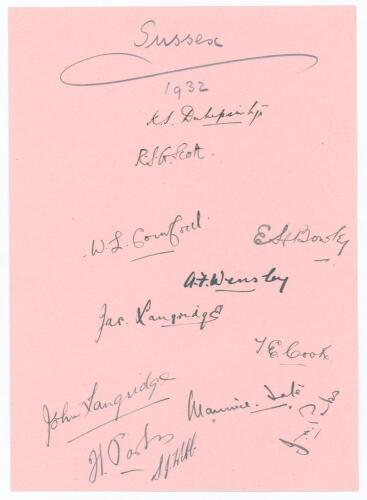 Sussex C.C.C. 1932. Large album page very nicely signed in black ink by the twelve members of the Sussex team for the match v Leicestershire at Aylestone Road, Leicester 18th- 20th May 1932. Signatures are Duleepsinhji (Captain), Scott, Cornford, Bowley, 