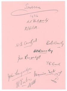 Sussex C.C.C. 1932. Large album page very nicely signed in black ink by the twelve members of the Sussex team for the match v Leicestershire at Aylestone Road, Leicester 18th- 20th May 1932. Signatures are Duleepsinhji (Captain), Scott, Cornford, Bowley, 