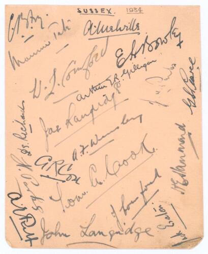 Sussex C.C.C. 1934. Album page nicely signed in black ink by the fifteen members of the Sussex team who played in the 1934 season. Signatures are Melville (Captain), Tate, Bowley, Cornford, James Langridge, J.H. Parks, Pearce, Wensley, H.W. Parks, Cook, H