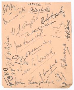Sussex C.C.C. 1934. Album page nicely signed in black ink by the fifteen members of the Sussex team who played in the 1934 season. Signatures are Melville (Captain), Tate, Bowley, Cornford, James Langridge, J.H. Parks, Pearce, Wensley, H.W. Parks, Cook, H
