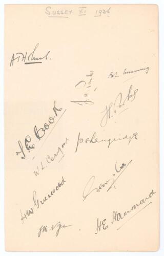 Sussex C.C.C. 1936. Large album page very nicely signed in black ink by eleven members of the Sussex team for the match v Gloucestershire at Cheltenham 15th- 18th August 1936. Signatures are Holmes (Captain), J.H. Parks, Cumming, Cook, H.W. Parks, W.L. Co