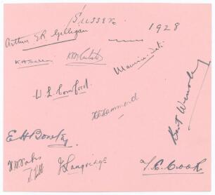 Sussex C.C.C. 1928. Page nicely signed in black ink by the eleven members of the Sussex team for the drawn match v Leicestershire at Aylestone Road, Leicester 27th- 29th June 1928. Signatures are A.E.R. Gilligan (Captain), Tate, Cornford, Hammond, Wensley