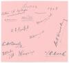 Sussex C.C.C. 1928. Page nicely signed in black ink by the eleven members of the Sussex team for the drawn match v Leicestershire at Aylestone Road, Leicester 27th- 29th June 1928. Signatures are A.E.R. Gilligan (Captain), Tate, Cornford, Hammond, Wensley