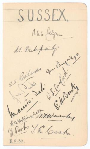 Sussex C.C.C. 1930. Album page very nicely signed in black ink by the twelve members of the Sussex team for the drawn match v Nottinghamshire at Trent Bridge 3rd- 6th May 1930. The page dated 3rd May 1930. Signatures are A.H.H. Gilligan (Captain), Duleeps