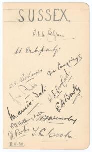 Sussex C.C.C. 1930. Album page very nicely signed in black ink by the twelve members of the Sussex team for the drawn match v Nottinghamshire at Trent Bridge 3rd- 6th May 1930. The page dated 3rd May 1930. Signatures are A.H.H. Gilligan (Captain), Duleeps