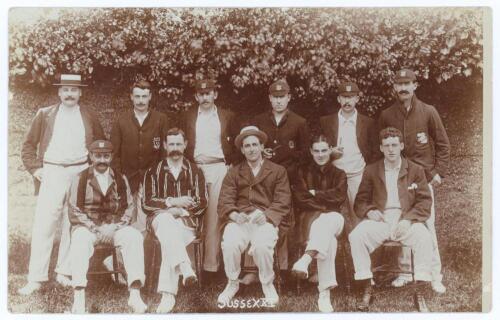 Sussex v Somerset 1904. Early original sepia real photograph postcard of the Sussex team seated and standing in rows wearing cricket attire, blazers etc. for the match played at Hove 26th- 28th May 1904. Sussex won by ten wickets. Players are Fry (Captain
