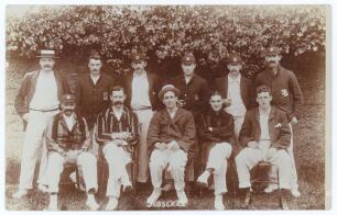 Sussex v Somerset 1904. Early original sepia real photograph postcard of the Sussex team seated and standing in rows wearing cricket attire, blazers etc. for the match played at Hove 26th- 28th May 1904. Sussex won by ten wickets. Players are Fry (Captain