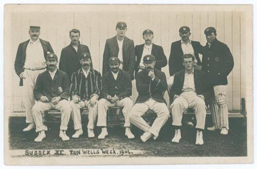 &lsquo;Sussex XI. Tun Wells Week. 1904&rsquo;. Early original sepia real photograph postcard of the Sussex team seated and standing in rows wearing cricket attire, blazers etc. for the match v Kent played at Tunbridge Wells 11th- 13th July 1904. Match drawn. Players 