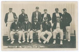 &lsquo;Sussex XI. Tun Wells Week. 1904&rsquo;. Early original sepia real photograph postcard of the Sussex team seated and standing in rows wearing cricket attire, blazers etc. for the match v Kent played at Tunbridge Wells 11th- 13th July 1904. Match drawn. Players 