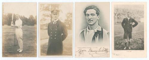 Charles Burgess Fry. Oxford University, Sussex, London County, Hampshire, Europeans & England 1892-1922. Four early mono postcards (two real photographs) of Fry depicted in various guises. Real photograph postcards include one of Fry standing full length 